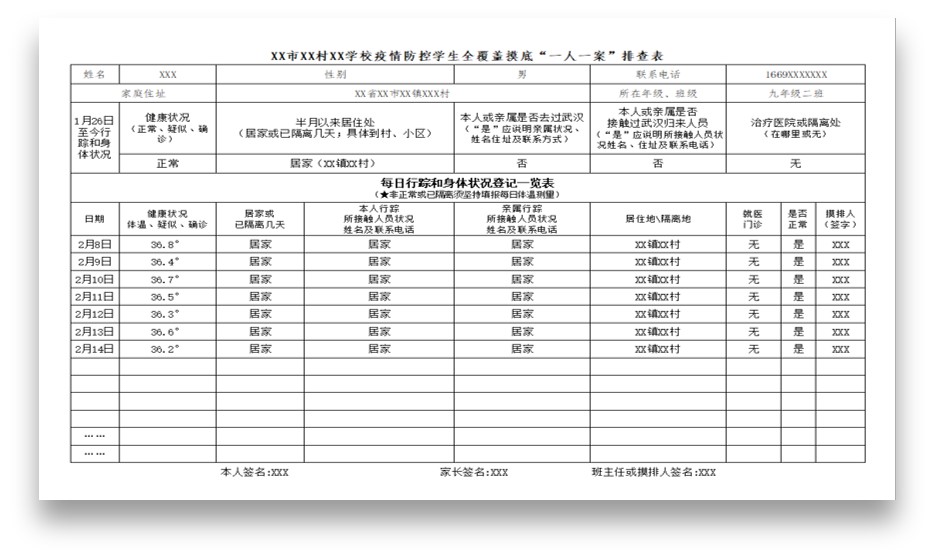 excel模板-学校社区疫情排查表