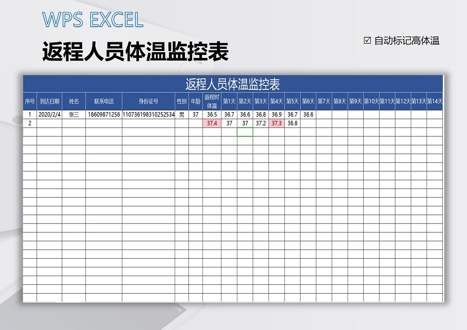 excel模板-返程人员体温监控表