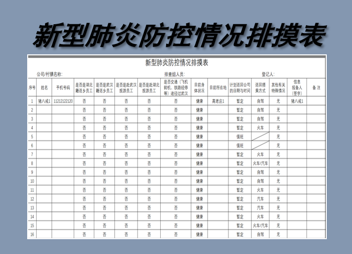 excel模板-新型肺炎防控情况排摸表