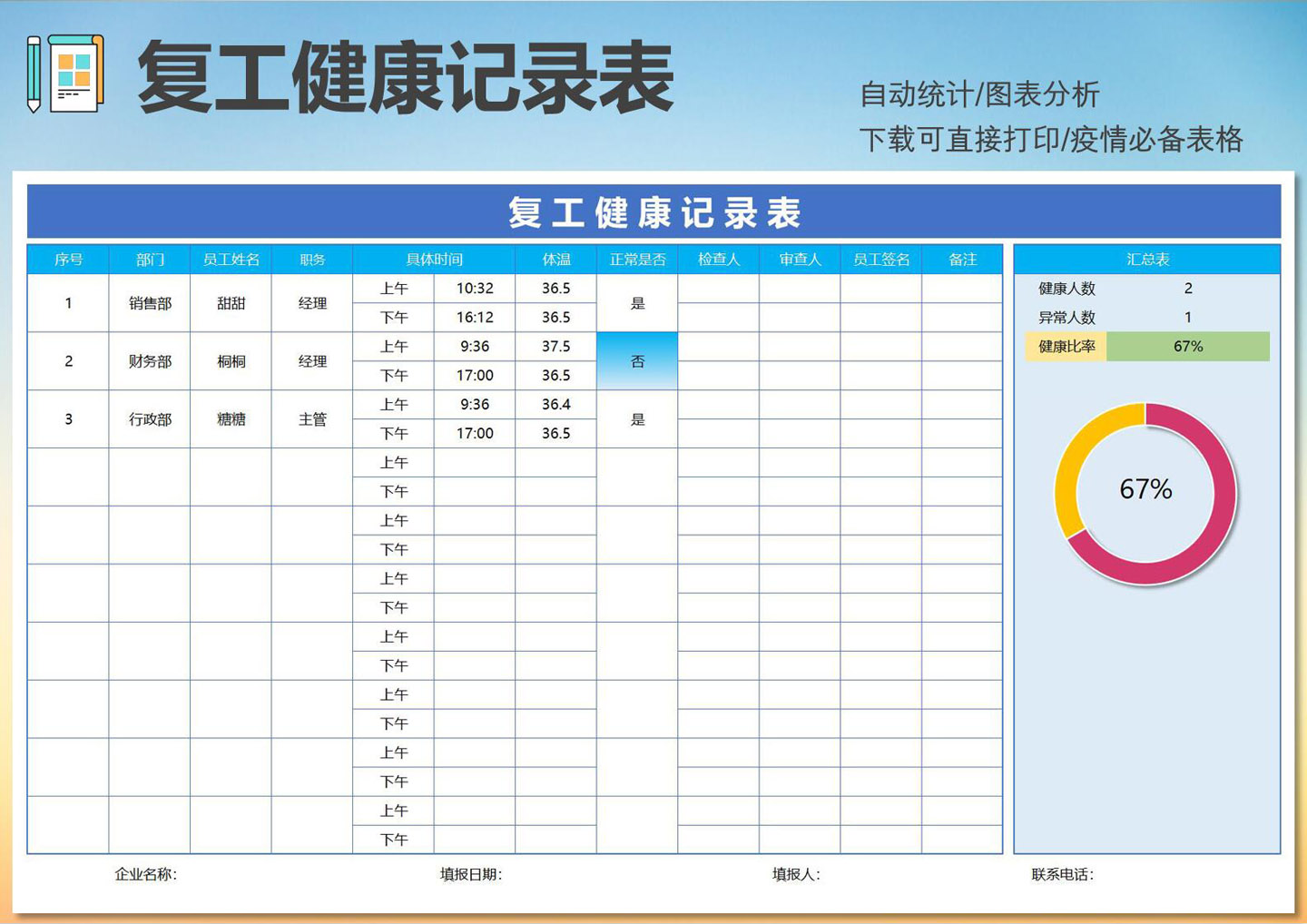 excel模板-员工复工健康登记表（智能分析）