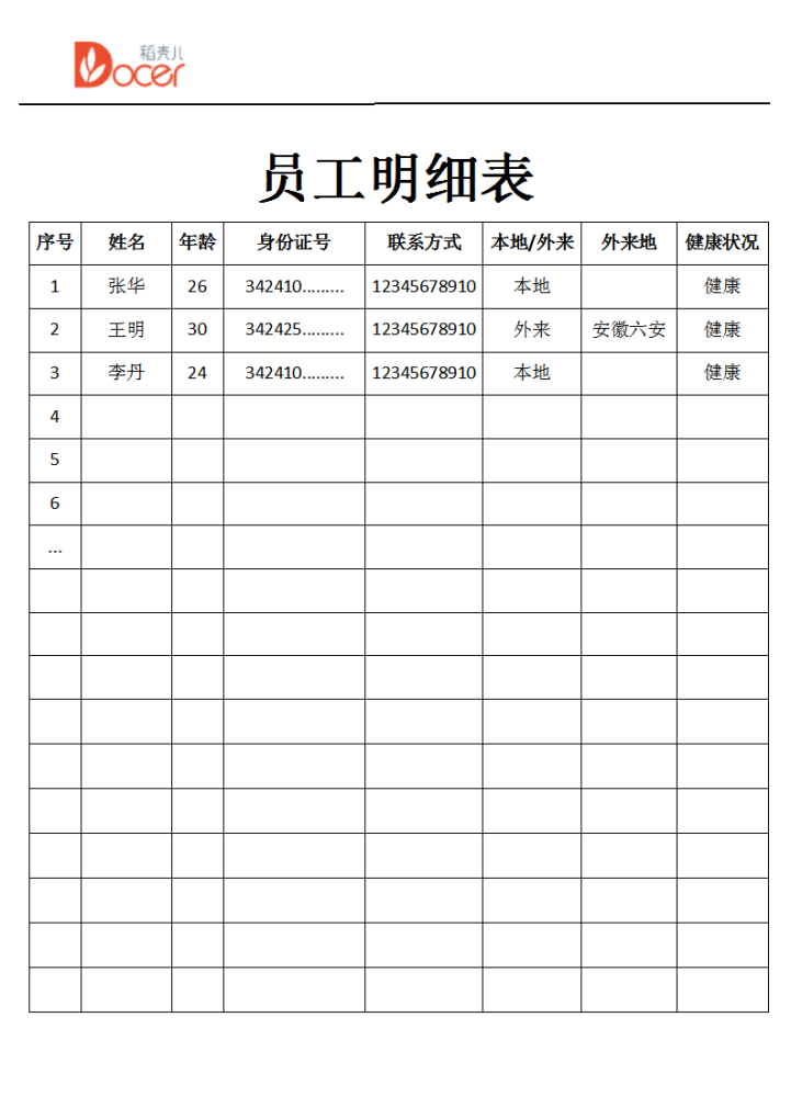 word模板-企业复工申请表-员工明细表