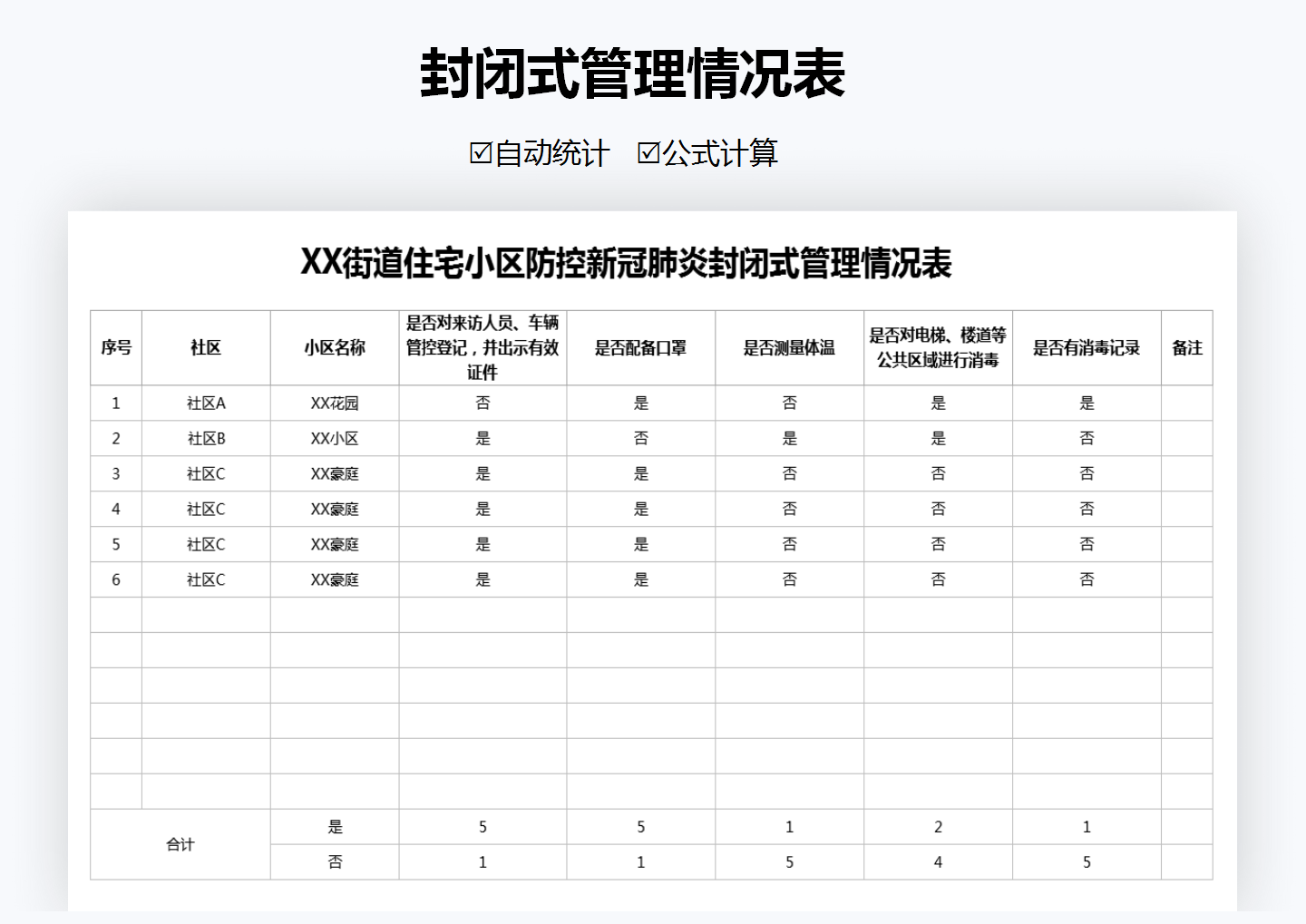 excel模板-防控新冠肺炎封闭式管理情况表