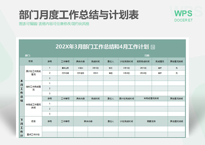 excel模板-部门月度工作总结与计划表