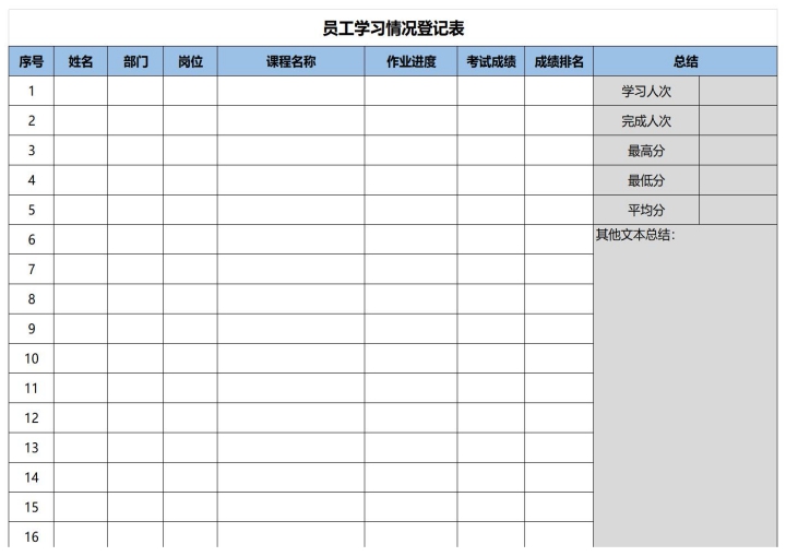 excel模板-员工学习情况登记表