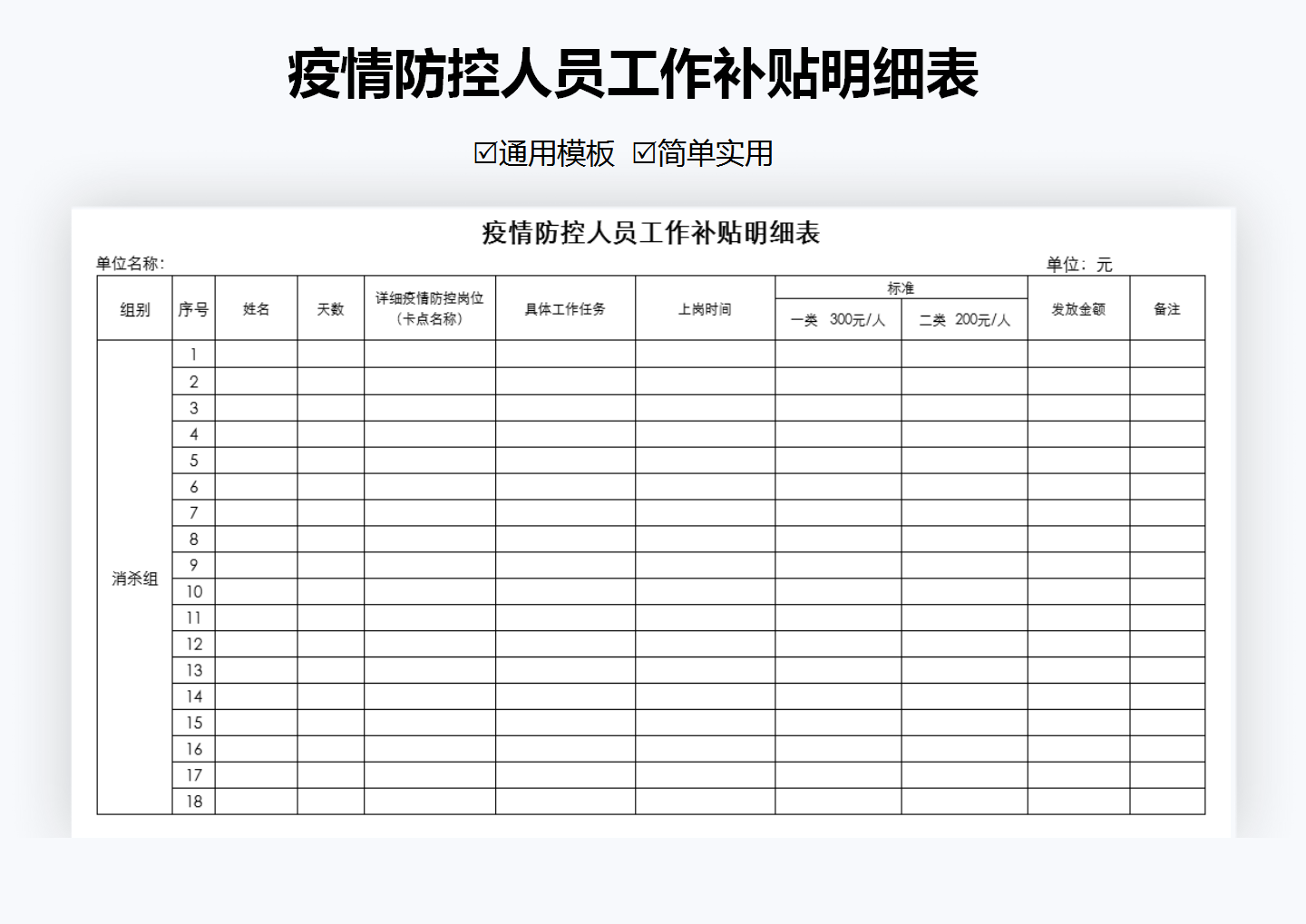 excel模板-疫情防控人员工作补贴明细表