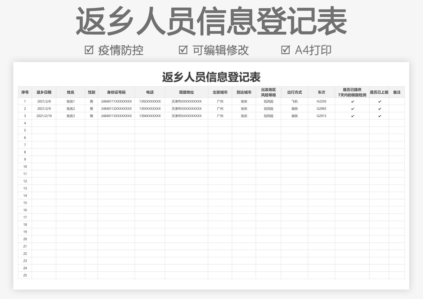 excel模板-返乡人员信息登记表