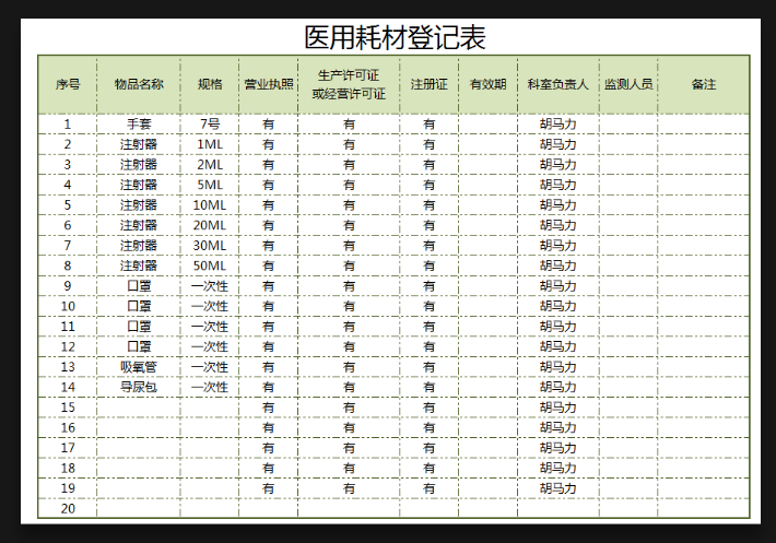 excel模板-医用耗材登记表