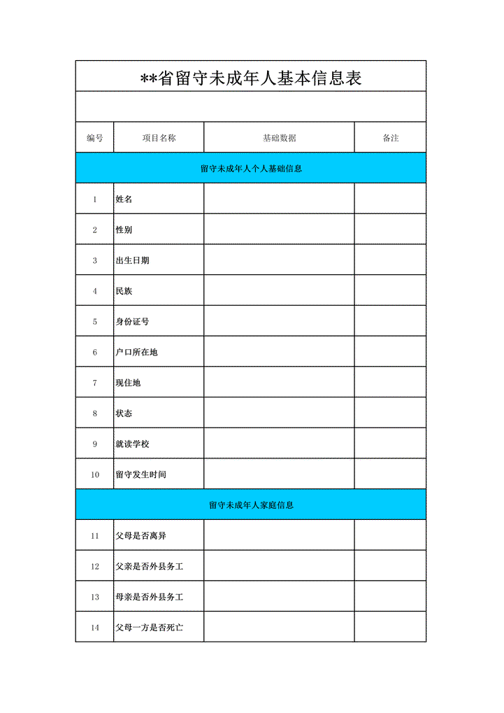 excel模板-留守儿童信息情况登记表