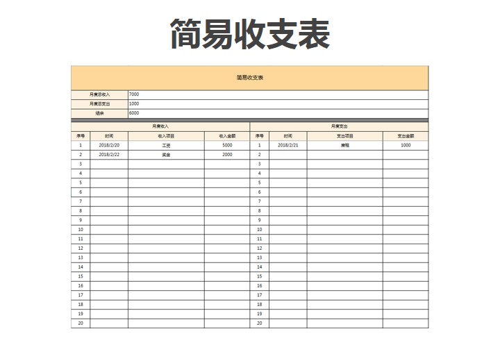 excel模板-简易收支表
