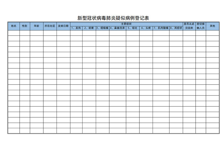 excel模板-新型冠状病毒肺炎疑似病例登记表