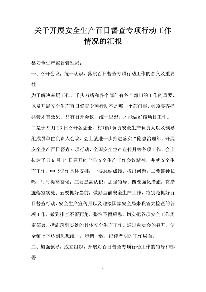 word模板-关于开展安全生产百日督查专项行动工作情况的汇报