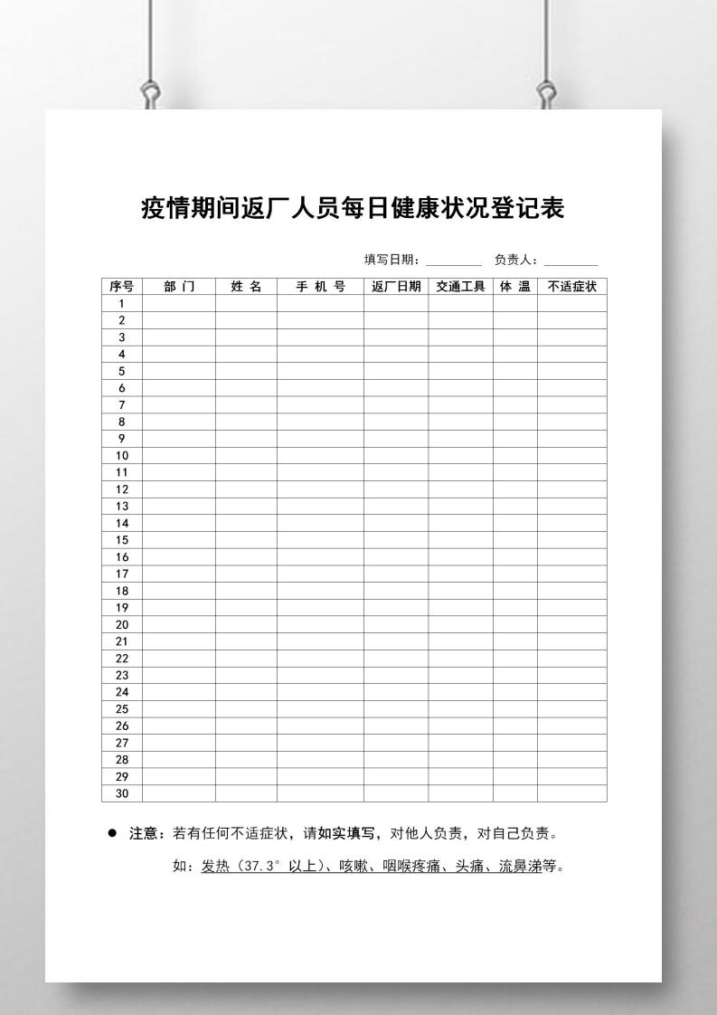 word模板-疫情防护返厂人员健康状况登记表