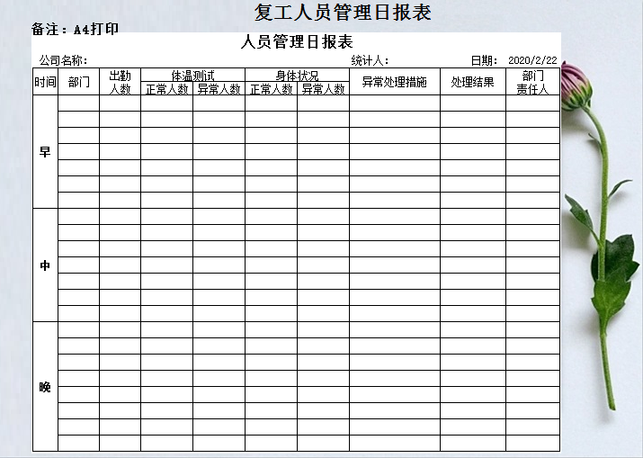 excel模板-复工人员管理日报表