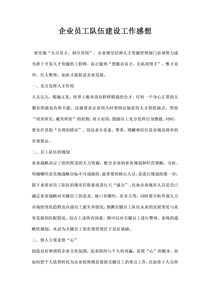 word模板-企业员工队伍建设工作感想
