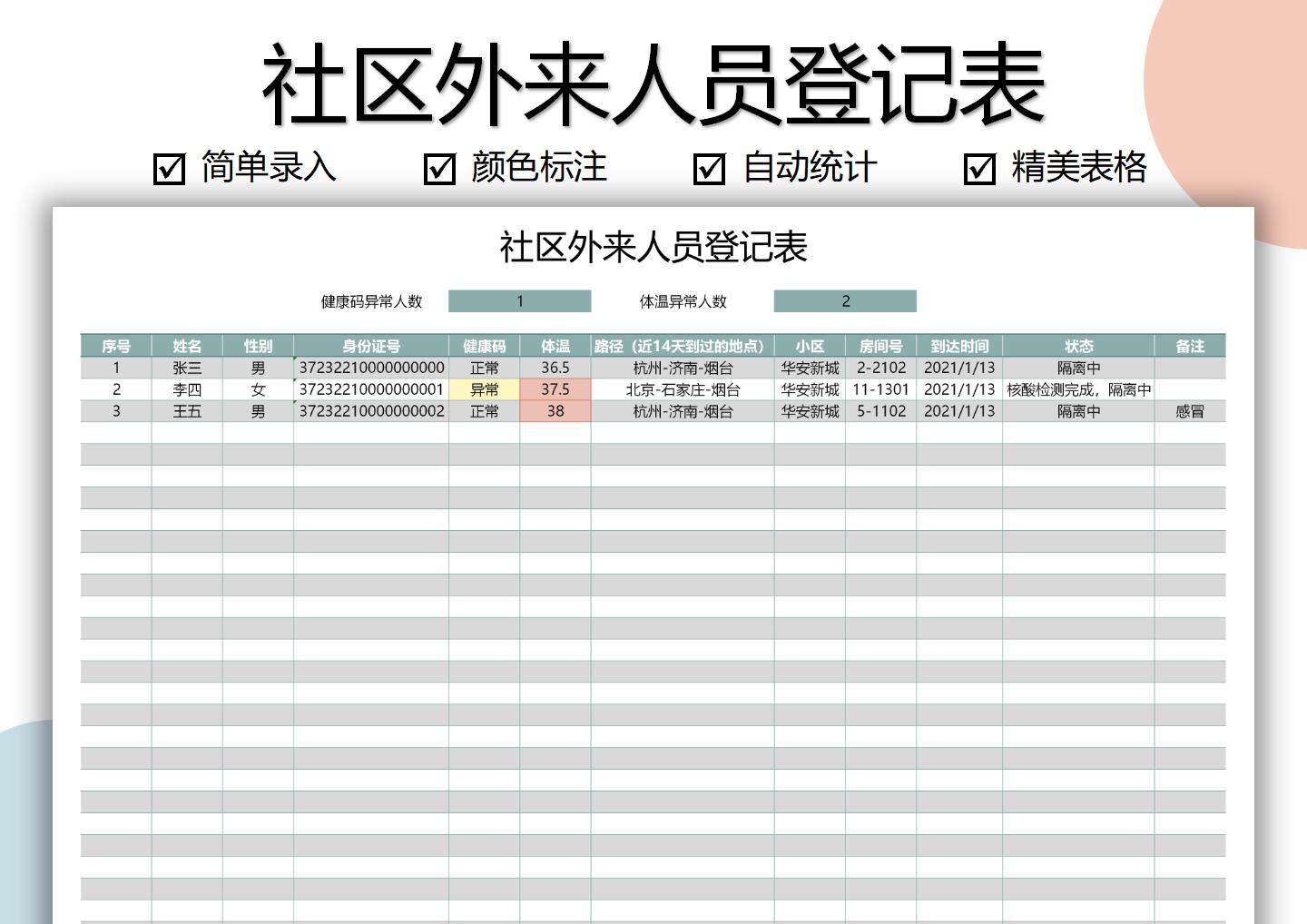 excel模板-社区外来人员登记表